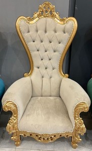 Casa Padrino baroque throne armchair with fine velvet fabric and rhinestones beige / gold - Handmade royal armchair in baroque style - Wedding armchair - Giant armchair - Baroque furniture