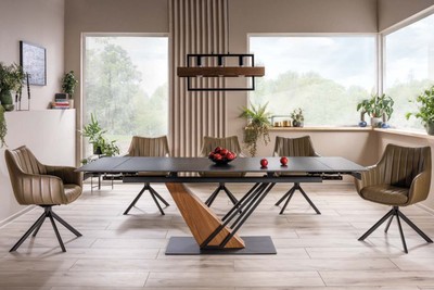 Casa Padrino Designer Esstisch Schwarz / Braun 180-240 x 90 x H. 75 cm - Ausziehbarer Esszimmertisch mit Keramik Tischplatte in Marmoroptik - Esszimmer Möbel - Küchen Möbel - Designer Möbel