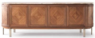 Casa Padrino luxury sideboard brown / beige / brass 244 x 56 x H. 85 cm - Oval solid wood cabinet with 4 doors and marble top - Dining room furniture - Hotel furniture - Luxury furniture