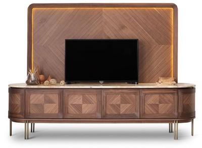 Casa Padrino luxury TV cabinet set brown / beige / brass - Living room sideboard with 4 doors & illuminated TV back wall - Living room furniture - Hotel furniture - Luxury furniture