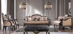 Casa Padrino set da soggiorno barocco di lusso grigio / blu / oro - 2 Divani Barocchi e 2 Poltrone Barocche e 1 Tavolo da Salotto Barocco - Mobili da soggiorno barocco - Nobile e Magnifico