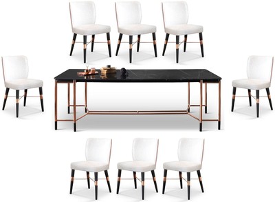Casa Padrino set di mobili per sala da pranzo di lusso bianco / nero / rame - 1 Tavolo da Pranzo con Piano in Marmo e 8 Sedie da Pranzo - Mobili per sala da pranzo - Mobili di lusso Casa Padrino set di mobili per sala da pranzo di lusso bianco / nero / rame - 1 Tavolo da Pranzo con Piano in Marmo e 8 Sedie da Pranzo - Mobili per sala da pranzo - Mobili di lusso
