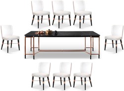Casa Padrino Conjunto de Muebles de Comedor de Lujo Blanco / Negro / Cobre - 1 Mesa de Comedor de Lujo con Tapa de Mármol y 8 Sillas de Comedor de Lujo - Muebles de Comedor de Lujo