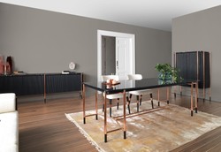 Casa Padrino Conjunto de Muebles de Comedor de Lujo Blanco / Negro / Cobre - 1 Mesa de Comedor de Lujo con Tapa de Mármol y 8 Sillas de Comedor de Lujo - Muebles de Comedor de Lujo