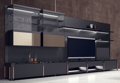 Casa Padrino luxury TV cabinet matt black / black / copper 452 x 47 x H. 202 cm - Living room cabinet with LED lighting - Living room furniture - Hotel furniture - Luxury furniture