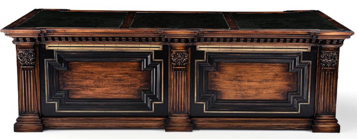 Luxus Landhausstil Massivholz Schreibtisch Bürotisch Braun Schwarz Messing Grün Luxury Country Style Solid Wood Desk Office Table Brown Black Brass Green