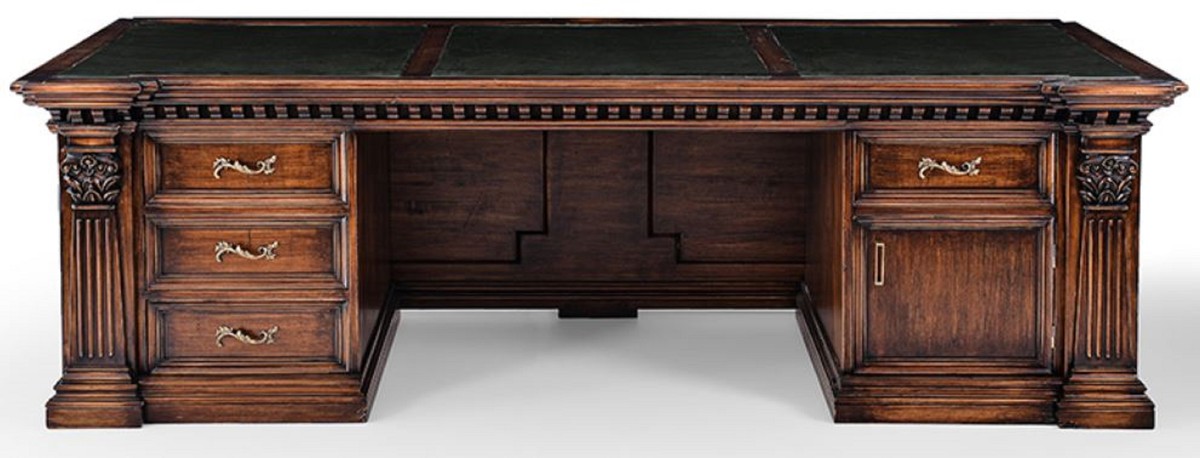 Luxus Landhausstil Massivholz Schreibtisch Bürotisch Braun Schwarz Messing Grün Luxury Country Style Solid Wood Desk Office Table Brown Black Brass Green
