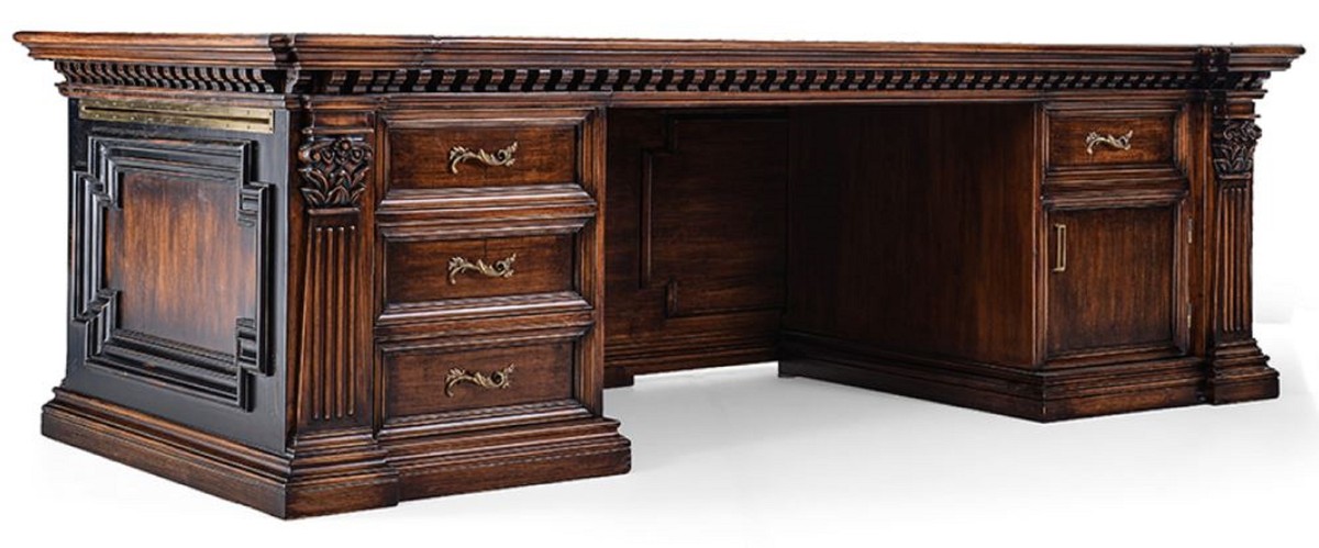 Luxus Landhausstil Massivholz Schreibtisch Bürotisch Braun Schwarz Messing Grün Luxury Country Style Solid Wood Desk Office Table Brown Black Brass Green