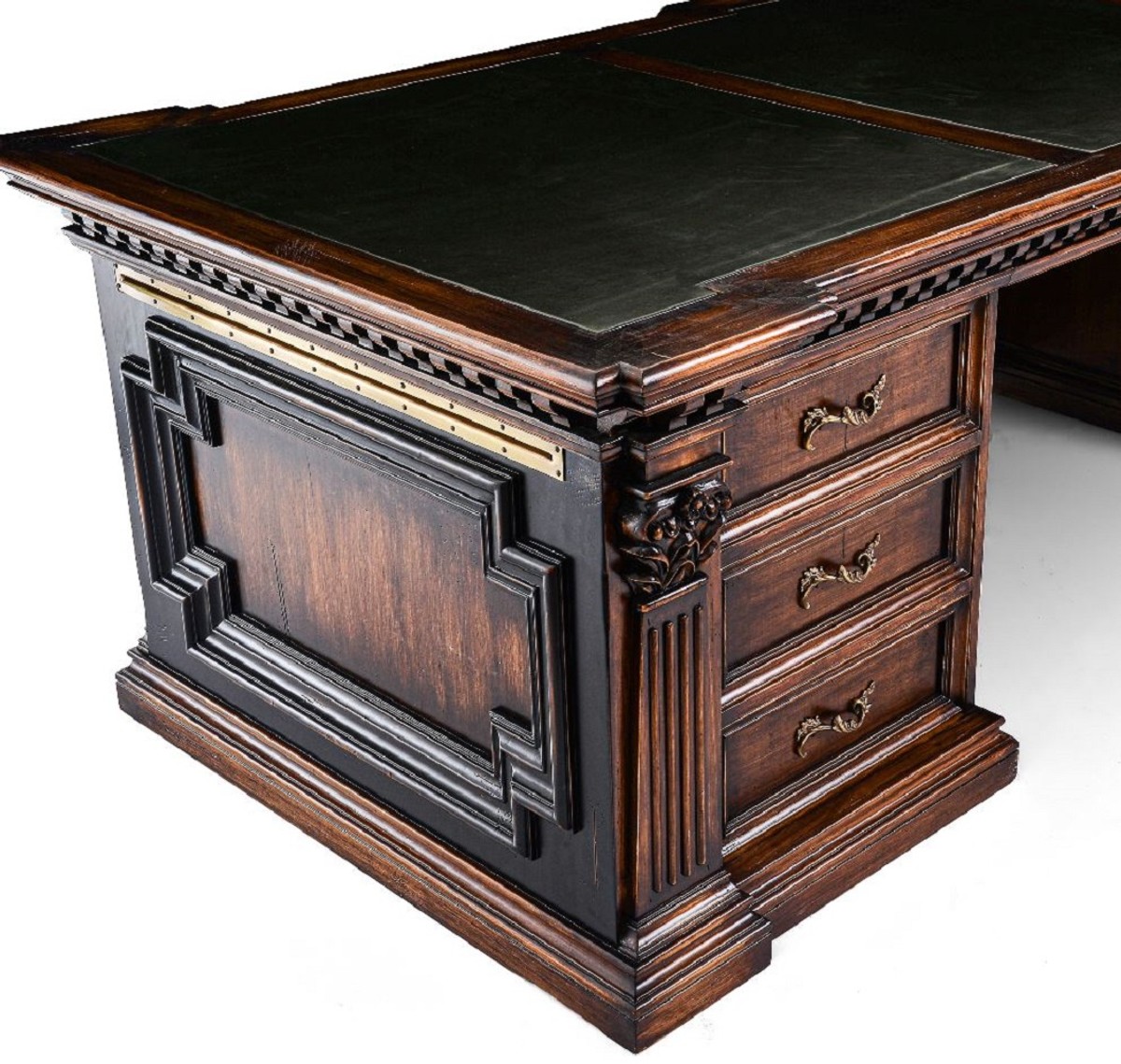 Luxus Landhausstil Massivholz Schreibtisch Bürotisch Braun Schwarz Messing Grün Luxury Country Style Solid Wood Desk Office Table Brown Black Brass Green