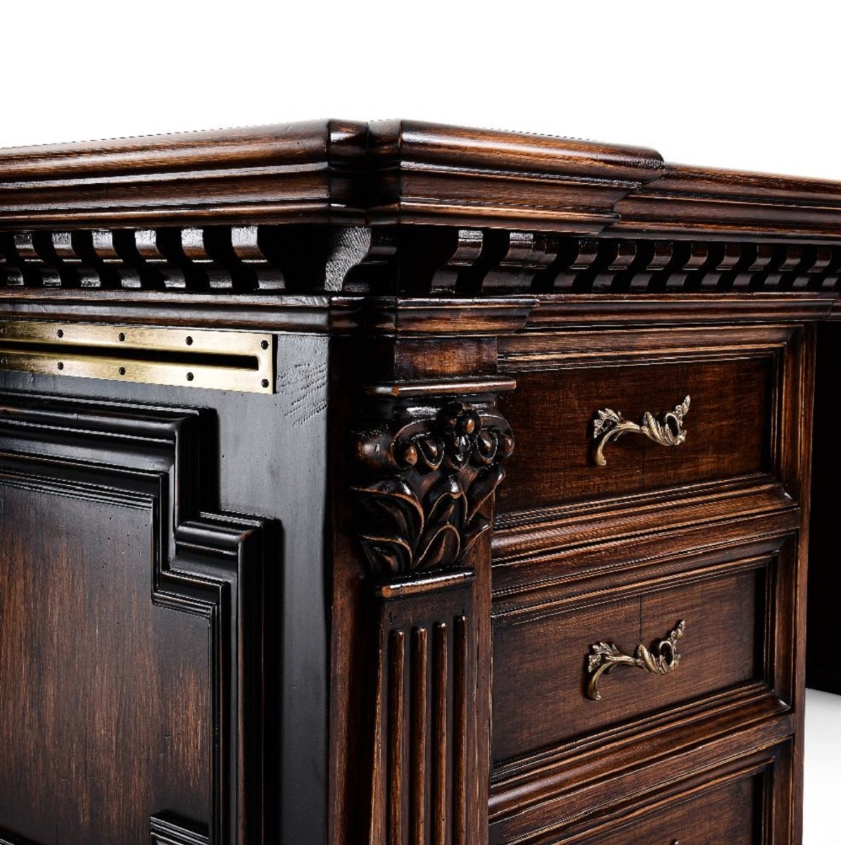 Luxus Landhausstil Massivholz Schreibtisch Bürotisch Braun Schwarz Messing Grün Luxury Country Style Solid Wood Desk Office Table Brown Black Brass Green