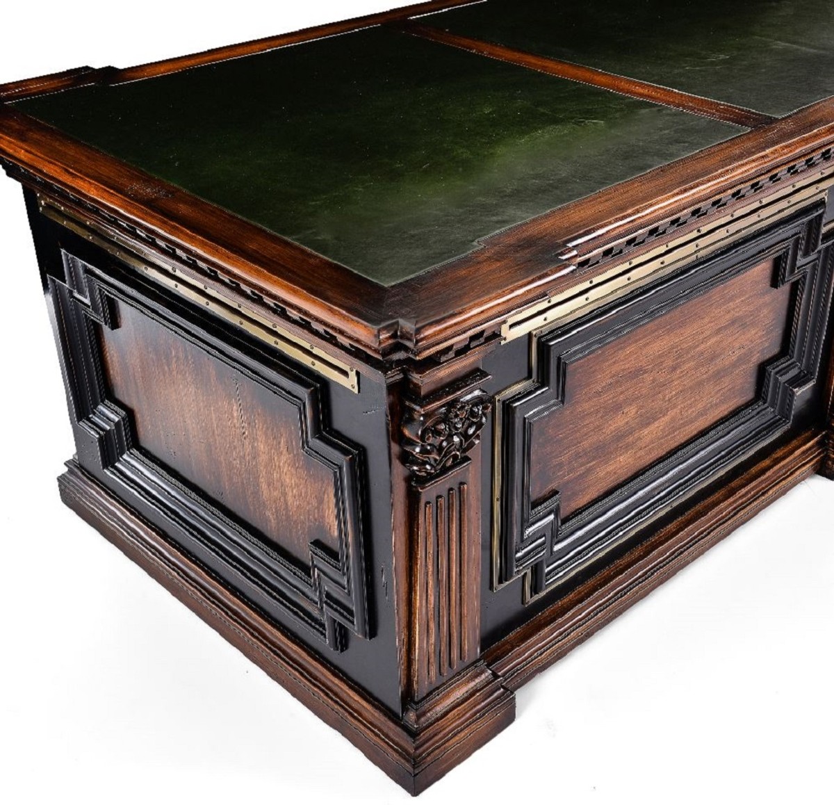 Luxus Landhausstil Massivholz Schreibtisch Bürotisch Braun Schwarz Messing Grün Luxury Country Style Solid Wood Desk Office Table Brown Black Brass Green