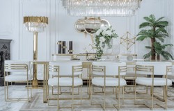 Casa Padrino luxury dining chair set with armrests white / gold 58 x 51 x H. 76 cm - Kitchen chairs set of 8 - Dining room furniture - Restaurant furniture - Luxury furniture - Luxury furnishings