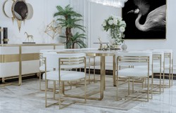 Casa Padrino luxury dining chair set with armrests white / gold 58 x 51 x H. 76 cm - Kitchen chairs set of 8 - Dining room furniture - Restaurant furniture - Luxury furniture - Luxury furnishings