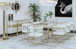 Casa Padrino luxury dining chair set with armrests white / gold 58 x 51 x H. 76 cm - Kitchen chairs set of 8 - Dining room furniture - Restaurant furniture - Luxury furniture - Luxury furnishings