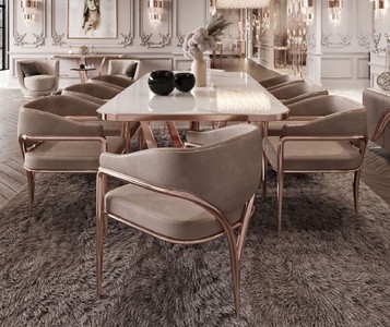Casa Padrino ensemble de chaises de salle à manger de luxe avec accoudoirs gris / cuivre 60 x 59,8 x H. 80 cm - Ensemble de 8 chaises de cuisine - Meuble de salle à manger - Meuble de luxe