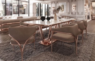 Casa Padrino Luxus Esszimmer Stuhl Set mit Armlehnen Grau / Kupfer 60 x 59,8 x H. 80 cm - Küchen Stühle 8er Set - Esszimmer Möbel - Restaurant Möbel - Luxus Möbel - Luxus Einrichtung
