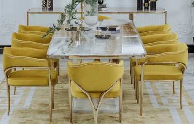 Casa Padrino ensemble de chaises de salle à manger de luxe avec accoudoirs jaune / or 60 x 59,8 x H. 80 cm - Ensemble de 8 chaises de cuisine - Meuble de salle à manger - Meuble de luxe