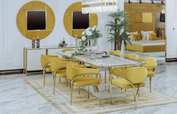 Casa Padrino luxury dining chair set with armrests yellow / gold 60 x 59.8 x H. 80 cm - Kitchen chairs set of 8 - Dining room furniture - Restaurant furniture - Luxury furniture