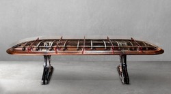 Casa Padrino escritorio de estilo industrial de lujo con tapa de vidrio plata / marrón / rojo 333 x 125 x A. 78,5 cm - Mesa de oficina de estilo industrial - Muebles de estilo industrial de lujo