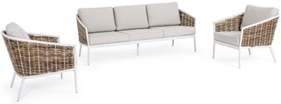 Casa Padrino Luxus Gartenmöbel Set Grau / Weiß / Braun - 1 Luxus Gartensofa & 2 Luxus Gartensessel - Garten Möbel - Terrassen Möbel - Hotel Möbel - Pool Möbel - Outdoor Möbel - Luxus Möbel