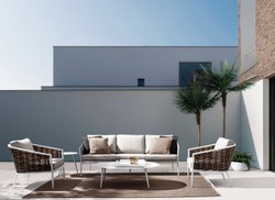 Casa Padrino conjunto de muebles de jardín de lujo gris / blanco / marrón - 1 Sofá de Jardín y 2 Sillones de Jardín - Muebles de jardín - Muebles de piscina - Muebles de exterior - Muebles de lujo