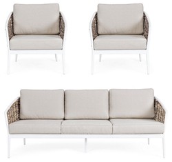 Casa Padrino conjunto de muebles de jardín de lujo gris / blanco / marrón - 1 Sofá de Jardín y 2 Sillones de Jardín - Muebles de jardín - Muebles de piscina - Muebles de exterior - Muebles de lujo