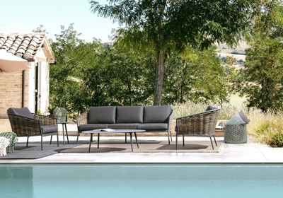 Casa Padrino Luxus Gartenmöbel Set Anthrazit / Braun - 1 Luxus Gartensofa & 2 Luxus Gartensessel - Garten Möbel - Terrassen Möbel - Hotel Möbel - Pool Möbel - Outdoor Möbel - Luxus Möbel