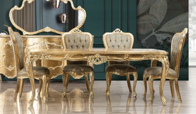 Casa Padrino conjunto de comedor barroco de lujo verde / oro antiguo - 1 Mesa de Comedor Barroco y 6 Sillas de Comedor Barrocos - Muebles de comedor de lujo estilo barroco