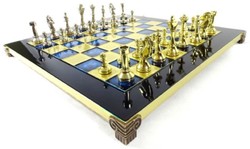 Casa Padrino ensemble de jeu d'échecs de luxe noir / bleu / or / argent / laiton 36 x 36 cm - Échiquier en laiton peint à la main avec pièces d'échecs en métal - Accessoires de décoration de luxe
