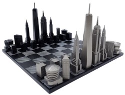 Casa Padrino conjunto de ajedrez de lujo negro / blanco / gris 38 x 38 cm - Conjunto de ajedrez horizonte de Nueva York - Tablero de ajedrez de madera con piezas de acero inoxidable