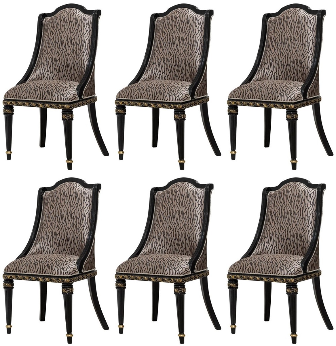 Casa Padrino set di 6 sedie da pranzo barocco di lusso argento motivo / nero / oro - Sedie da cucina in stile barocco - Mobili da sala da pranzo barocchi di lusso - Mobili barocco Casa Padrino set di 6 sedie da pranzo barocco di lusso argento motivo / nero / oro - Sedie da cucina in stile barocco - Mobili da sala da pranzo barocchi di lusso - Mobili barocco
