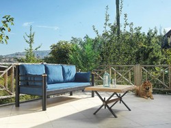 Casa Padrino Art Nouveau garden sofa blue / gray / natural 200 x 70 x H. 85 cm - Metal garden sofa with cushions - Patio sofa - Garden furniture - Patio furniture - Art Nouveau furniture