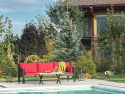 Casa Padrino Art Nouveau garden sofa bordeaux red / gray / natural 200 x 70 x H. 85 cm - Metal garden sofa with cushions - Patio sofa - Garden furniture - Patio furniture - Art Nouveau furniture