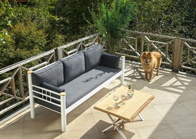 Casa Padrino Jugendstil Gartensofa Anthrazit / Weiß / Naturfarben 200 x 70 x H. 85 cm - Metall Garten Sofa mit Kissen - Terrassen Sofa - Garten Möbel - Terrassen Möbel - Jugendstil Möbel