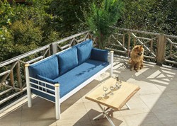 Casa Padrino Art Nouveau garden sofa blue / white / natural 200 x 70 x H. 85 cm - Metal garden sofa with cushions - Patio sofa - Garden furniture - Patio furniture - Art Nouveau furniture