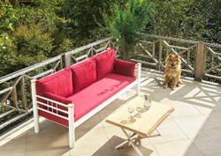 Casa Padrino Art Nouveau garden sofa bordeaux red / white / natural 200 x 70 x H. 85 cm - Metal garden sofa with cushions - Patio sofa - Garden furniture - Patio furniture - Art Nouveau furniture