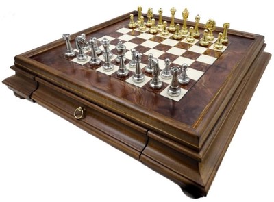 Casa Padrino conjunto de ajedrez de lujo marrón / blanco / plata / oro 53 x 53 x A. 9,5 cm - Ajedrez de madera - Tablero de ajedrez de madera con piezas de metal hechas a mano