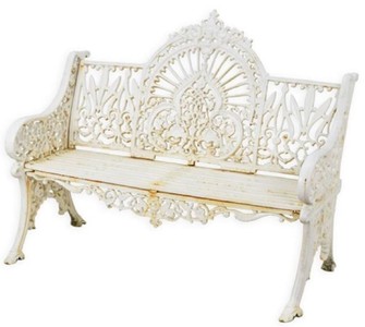 Casa Padrino banc de jardin baroque crème blanc 119 x H. 95,5 cm - Magnifique banc de jardin en fer fonte - Mobilier de jardin en fer fonte baroque - Mobilier de jardin style baroque