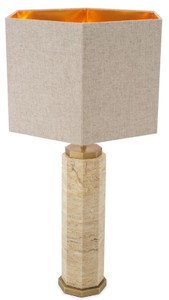 Casa Padrino Luxus Tischleuchte Beige / Antik Messing / Grau 46 x 46 x H. 84,5 cm - Travertin Schreibtischleuchte mit sechseckigem Lampenschirm - Luxus Tischleuchten - Luxus Schreibtischleuchten