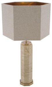 Casa Padrino Luxus Tischleuchte Beige / Antik Messing / Grau 46 x 46 x H. 84,5 cm - Travertin Schreibtischleuchte mit sechseckigem Lampenschirm - Luxus Tischleuchten - Luxus Schreibtischleuchten