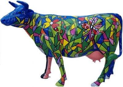 Casa Padrino escultura decorativa de lujo vaca azul / multicolor 210 x 55 x A. 147 cm - Escultura de jardín enorme - Escultura de tamaño natural - Escultura decorativa XXL - Figura decorativa XXL