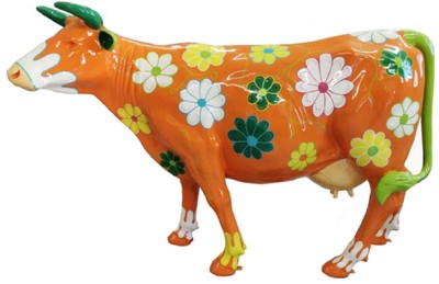Casa Padrino escultura decorativa de lujo vaca naranja / multicolor 210 x 55 x A. 147 cm - Escultura de jardín enorme - Escultura tamaño natural - Escultura decorativa XXL - Figura decorativa XXL