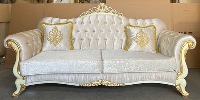 Casa Padrino divano barocco di lusso argento / crema / oro - Divano da salotto in stile barocco con strass - Mobili da soggiorno di lusso in stile barocco - Mobili barocchi
