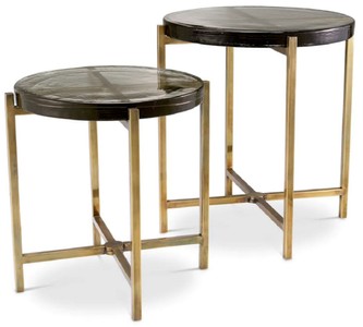 Casa Padrino luxury side table set vintage brass - 2 Round stainless steel tables with glass top - Living room furniture - Hotel furniture - Luxury furniture - Luxury furnishings