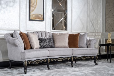 Casa Padrino Luxus Barock Wohnzimmer Sofa Grau / Schwarz / Gold - Handgefertigtes Barockstil Sofa mit dekorativen Kissen - Luxus Wohnzimmer Möbel im Barockstil - Barock Möbel - Edel & Prunkvoll