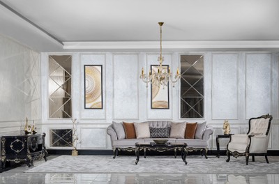 Casa Padrino Luxus Barock Wohnzimmer Sofa Grau / Schwarz / Gold - Handgefertigtes Barockstil Sofa mit dekorativen Kissen - Luxus Wohnzimmer Möbel im Barockstil - Barock Möbel - Edel & Prunkvoll