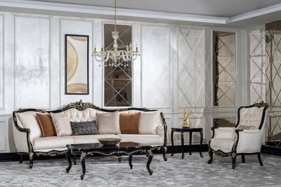 Casa Padrino Luxus Barock Wohnzimmer Sofa Creme / Schwarz / Gold - Handgefertigtes Barockstil Sofa mit dekorativen Kissen - Luxus Wohnzimmer Möbel im Barockstil - Barock Möbel - Edel & Prunkvoll