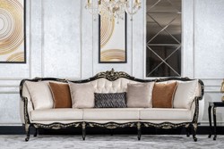 Casa Padrino divano da soggiorno barocco di lusso crema / nero / oro - Divano in stile barocco fatto a mano con cuscini - Mobili da soggiorno di lusso in stile barocco - Mobili barocchi