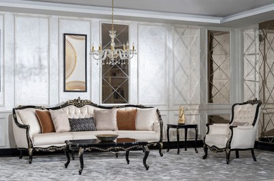 Casa Padrino Luxus Barock Wohnzimmer Set Creme / Schwarz / Gold - 2 Sofas & 2 Sessel & 1 Couchtisch & 2 Beistelltische - Handgefertigte Wohnzimmer Möbel im Barockstil - Edel & Prunkvoll