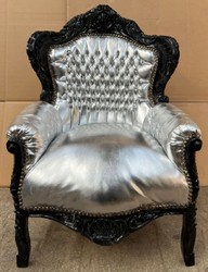 Casa Padrino baroque armchair silver / black - Handmade solid wood living room armchair with faux leather - Antique style living room armchair - Baroque living room furniture